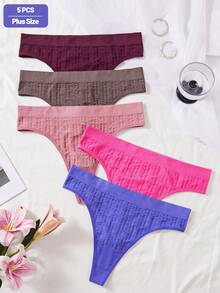 SHEIN 5pcs Women Plus Size Basic Solid Seamless Comfortable Ribbed Knitted Sexy Thong Panties - Multicolor - View 5