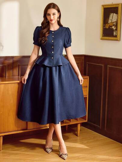 Vintamour Conjunto vintage elegante de 2 piezas con bolsillos, blusa con botones y volantes en el bajo, y falda. Atuendo casual para ir y venir, vacaciones, vestidos de verano para mujer, ropa de verano, atuendos de vacaciones de verano, atuendos de primavera para mujer, vestidos de primavera, ropa de primavera, atuendos para vacaciones de primavera, vestido de invitada de boda, vestido de fiesta de boda, vestidos elegantes para mujer, vestido largo elegante, vestidos casuales para mujer, atuendos para salir, vestido de vacaciones