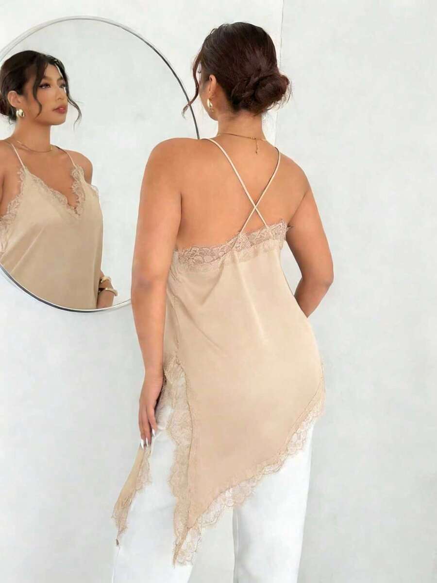 Firerie Plus Size Women Solid Color Lace Patchwork Asymmetrical Hem Fashionable Versatile Date Night Camisole Top, Summer Tops - Apricot - View 1