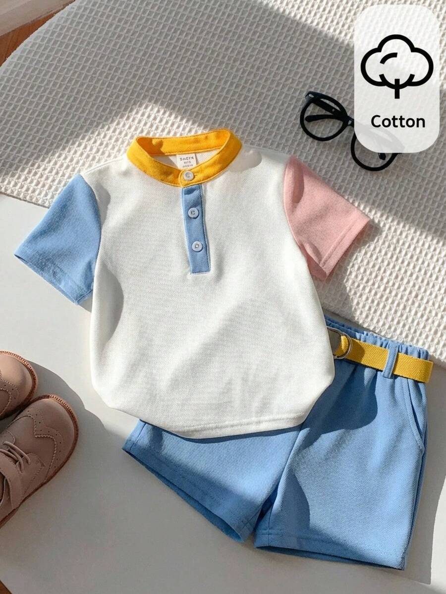 SHEIN 男童舒适纯色短袖POLO衫，休闲穿着，适合春夏季节，适合户外活动、上学、街头风、派对和休闲穿着，性价比高。