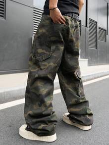 Manfinity Hypemode 男士休闲多口袋迷彩牛仔工装裤，街头时尚 - 軍綠色 - 查看 4