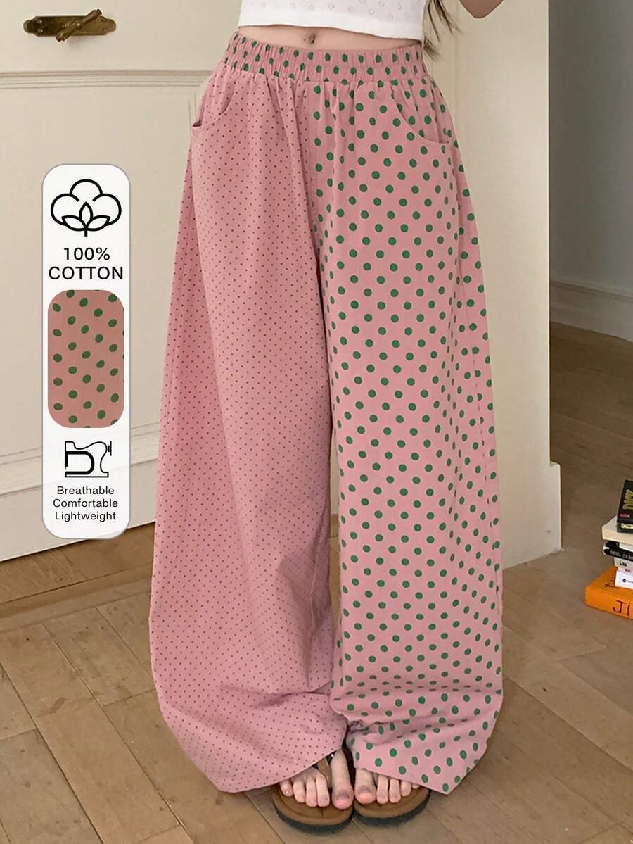 DAZY Women's Loose Fit Long Polka Dot Print Pajama Bottoms, Spring/Summer - Pink - View 1