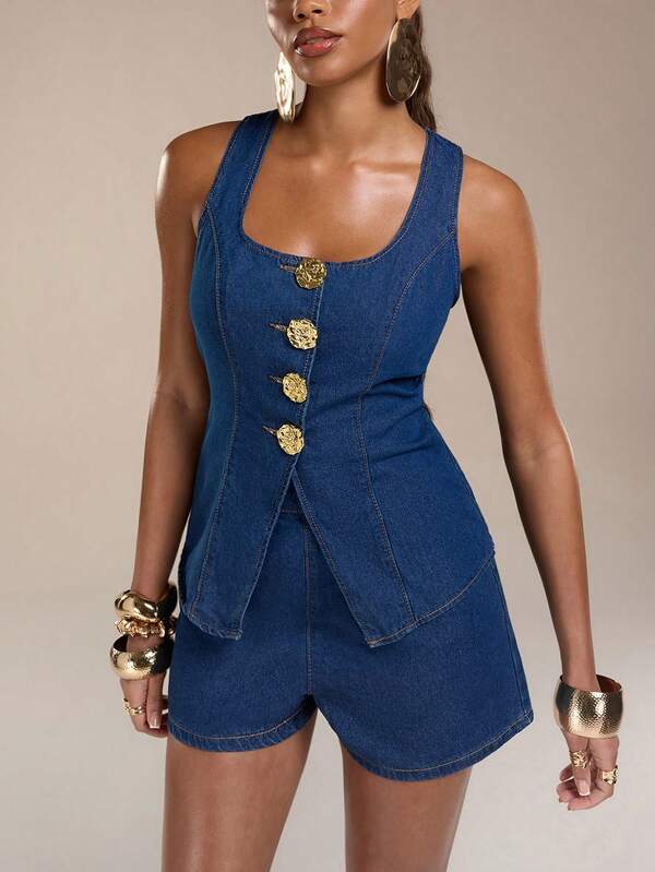 Normani New Arrival Women's Denim Suit Sleeveless Vest Two Pieces Suit Metal Button Decoration Dark Blue Denim Two Pieces Suit French Elegant Casual Outing Clothing Fall Women Clothes Old Money Business Casual Woman