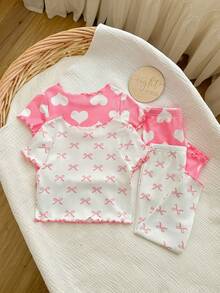 4pcs Baby Girl Heart & Star Pattern Ruffle Trim Knit Comfy Soft Pajama Set, Crew Neck Short Sleeve & Pants,Kids - Multicolor - View 2