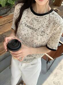 DAZY 女士圆领撞色滚边短袖休闲夏季T恤，纹理面料 - 米色 - 查看 5