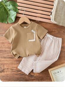 男婴可爱休闲针织拼接短袖T恤和条纹松紧腰短裤套装 - 卡其色 - 查看 3
