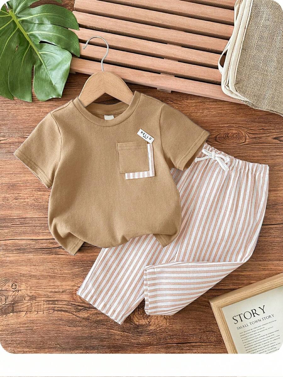 男婴可爱休闲针织拼接短袖T恤和条纹松紧腰短裤套装 - 卡其色 - 查看 1