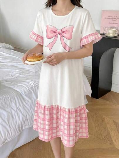 Vestido de pijama casual para niñas con estampado de mariposa y parche de cuadros, vestido de punto elástico de manga corta y corte evasé para primavera/verano