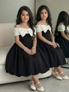 SHEIN 少女春夏休闲优雅大蝴蝶结装饰露肩撞色褶皱印花针织中长连衣裙，黑色和杏色 - 黑色 - 查看 4