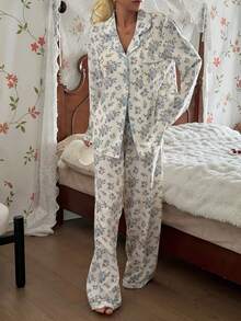 CottageSlumber 泡泡褶皱花卉印花开衫领女士睡衣套装 - 淺藍色 - 查看 8