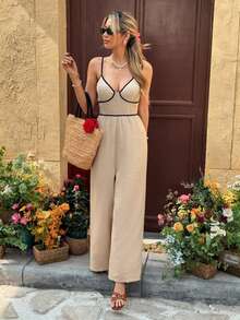 SHEIN Frenchy Women's Sexy Vacation Style Contrast Binding Tie Backless Wide Leg Jumpsuit - Apricot - View 2