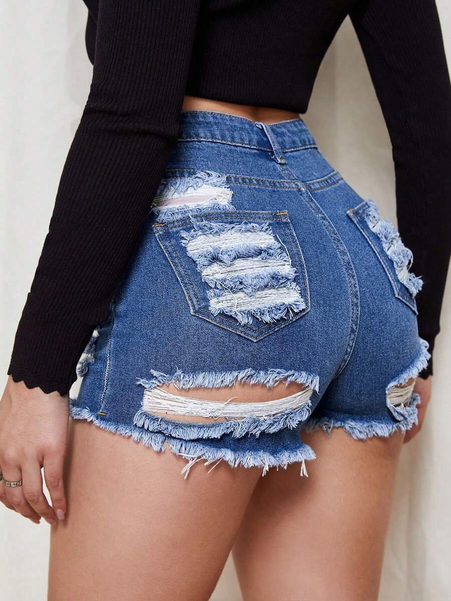 SHEIN EZwear 女士休闲做旧口袋纽扣毛边牛仔短裤,日常百搭 - 中等水洗藍 - 查看 1
