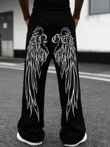 GENIUS ODE 男士天使翅膀印花休闲街头风喇叭运动裤，男士街头服饰 - 黑色 - 查看 1