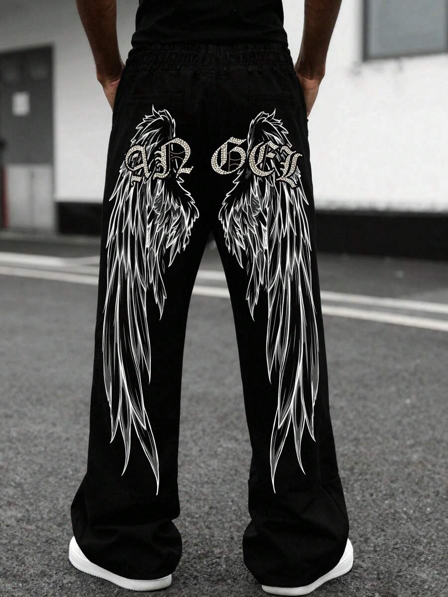 GENIUS ODE 男士天使翅膀印花休闲街头风喇叭运动裤，男士街头服饰 - 黑色 - 查看 1