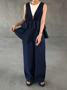 FRIFUL Women's Fashion Double Ruffle Hem Camisole & Denim Pants Set - Black - View 5