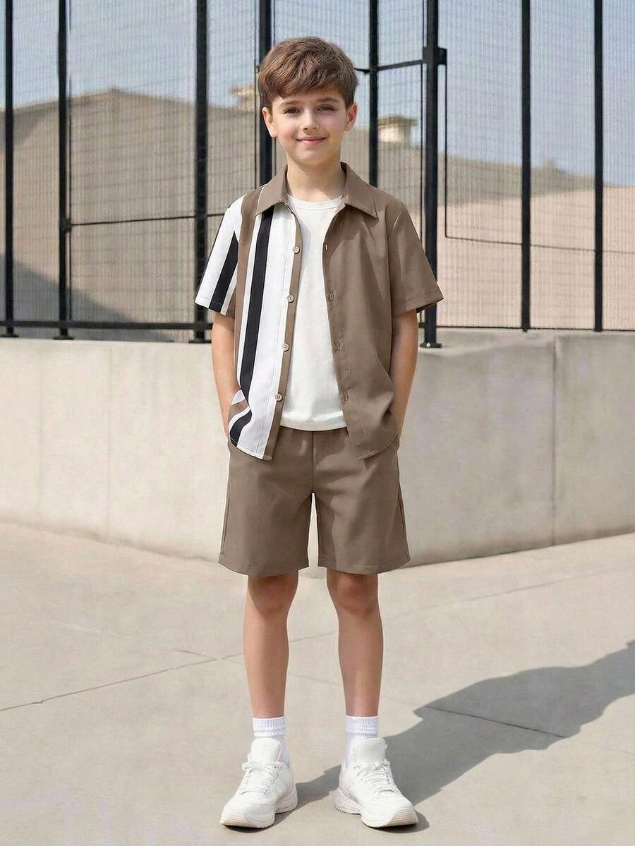SHEIN Tween Boy Striped Print Shirt & Shorts Without Tee - Camel - View 1