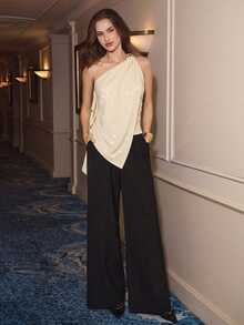 Maija Women's Asymmetrical Shoulder Design Blouse, Summer Fashion - Apricot - View 5