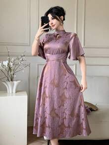 DAZY Elegant V-Neck Printed Long Dress, Slimming & Chic Goddess Style - Purple - View 6