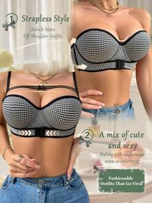 DesireSculpt 1件装女士格子钢圈前扣式上托文胸 - 黑與白 - 查看 4