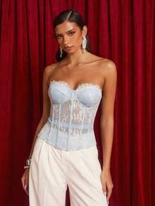 Glamine Women's Lace Sexy Fitted Bustier Top - Blue and White - View 6