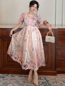 DAZY Elegant Lace Hollow Out Waist Cinching A-Line Dress With Stand Collar Short Sleeve Sundress Boho Vacation Outfits Women - Pink - View 7