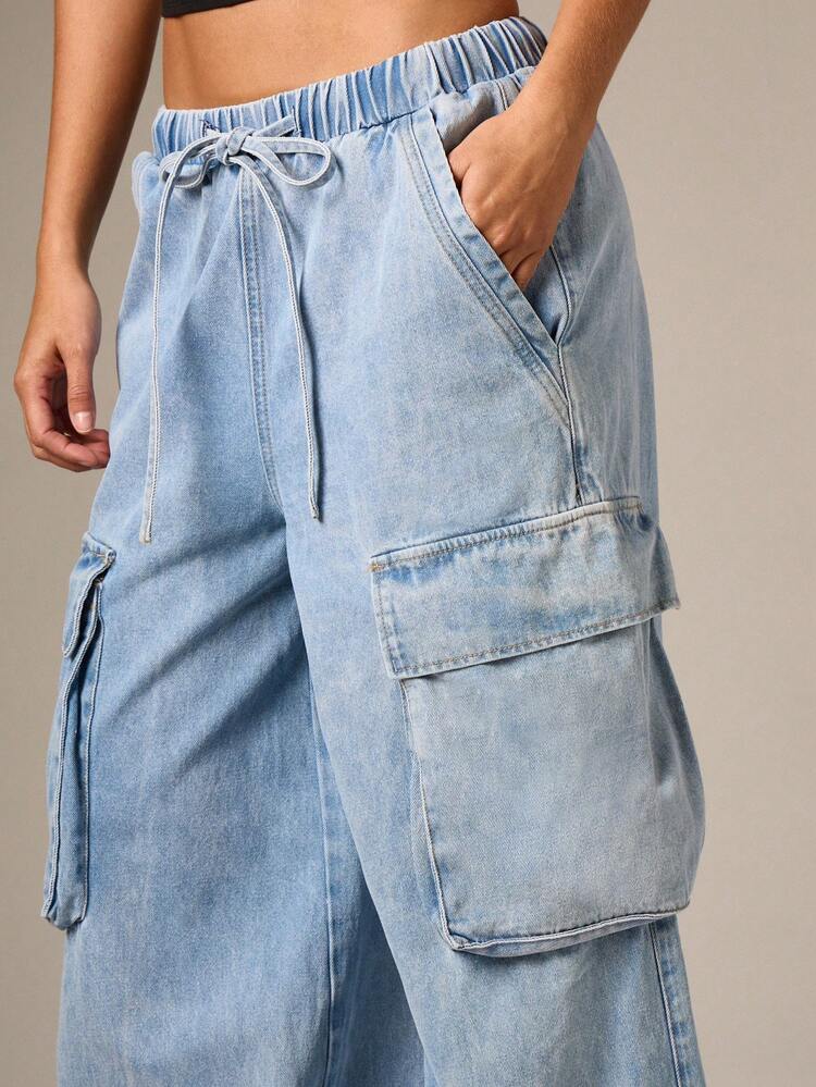 Balloon Wide Leg Cargo Denim With Elastic Cuffs