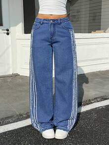 Rivivi 女士毛边口袋阔腿宽松休闲百搭牛仔裤 - 藍色 - 查看 1