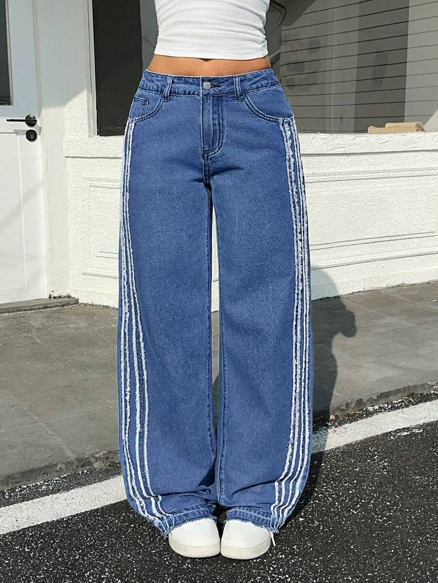 Rivivi 女士毛边口袋阔腿宽松休闲百搭牛仔裤 - 藍色 - 查看 1