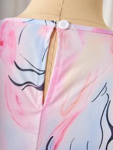 Vestido Camiseta com Estampa Tie Dye em Decote em V para Meninas Adolescentes, com Detalhes de Bordado Dourado Elegante no Decote e Punhos. Design de Caimento Relaxado Adequado para Festas, Passeios e Mais, Exalando Charme Exótico e da Moda. - Multicolorido - Visão 6