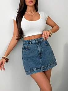 SHEIN Woman High Waist Denim Mini Casual Washed Blue Skirt Button Front - Medium Wash - View 4