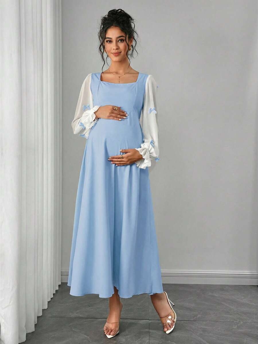 Momance Maternity Dress With Ruffle Hem, Lantern Sleeve, Bow Decor, Square Neck, Gathered Back, Bow Tie, A-Line Dress - Baby Blue - View 1