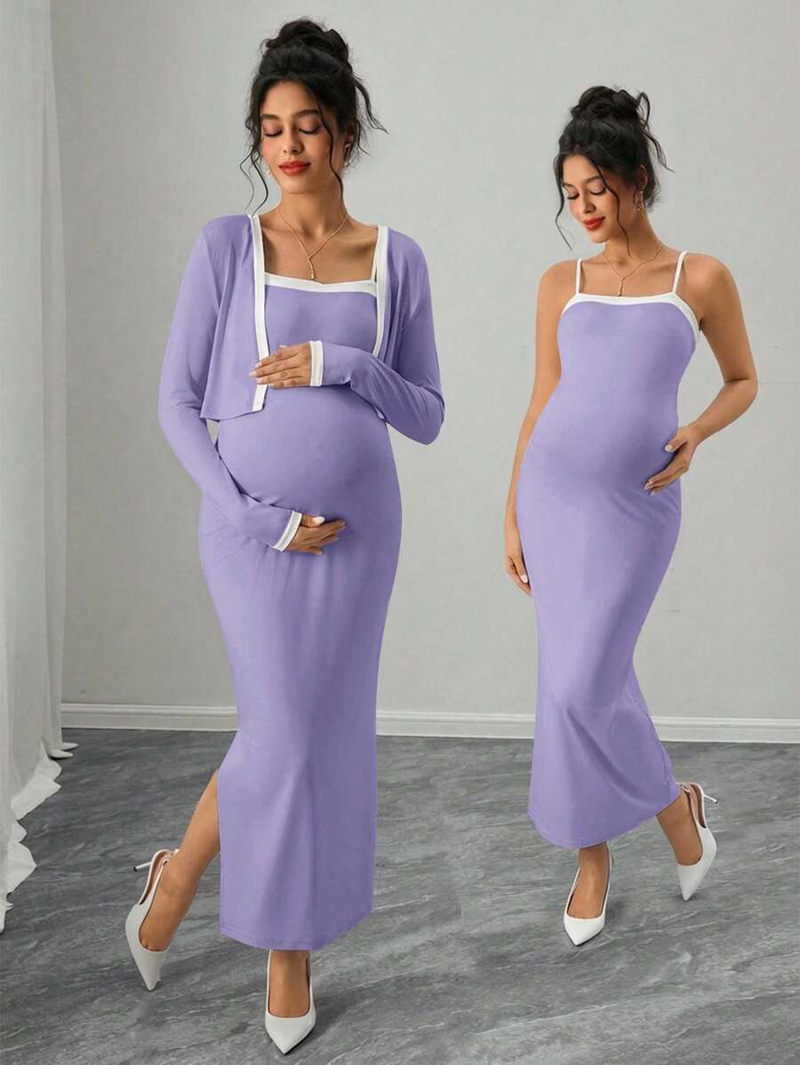 Momance Set de 2 piezas: Vestido de tirantes con parches para mujeres embarazadas y top de manga larga con abertura frontal, para uso diario casual - Morado - Ver 1