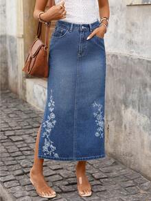 Brillora Women's Casual Washed Floral Print Side Slit Denim Mini Skirt,Summer,Boho,Vacation,Holiday,Blue And White Flower Summer Outfit Spring Easter Beach - Medium Wash - View 6