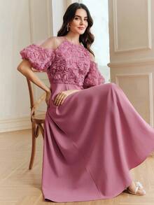 Anewsta 春夏浪漫假日3D立体花卉面料拼接花瓣袖A字腰身优雅派对连衣裙（女款） - 玫紅色 - 查看 2