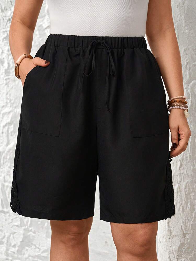 Plus Size Casual Solid Color Shorts, Summer/Vacation Work Shorts For Women Plus Size Shorts Women's Shorts With Pockets Women's Shorts Summer Black Drawstring Shorts Summer Outfits For Women Beach Outfit For Women Casual Vacation Outfits Women Country Concert Outfit Peplum