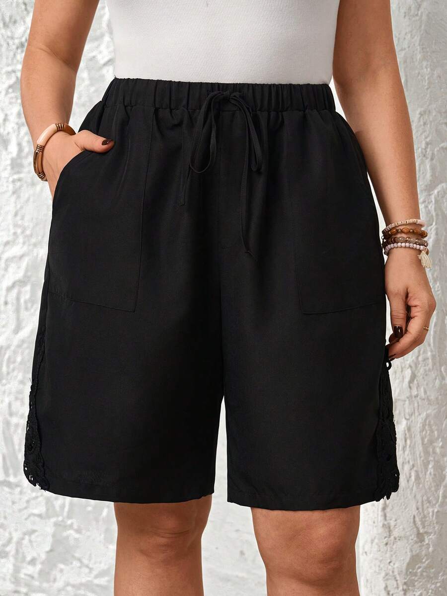 EMERY ROSE 大码休闲纯色短裤，夏季 - 黑色 - 查看 1