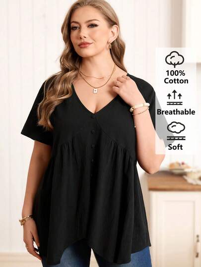 EMERY ROSE Plus Size Casual Jednolity kolor Dekolt w serek Krótki rękaw Letnia bluzka dla kobiet Czarna bluzka dla kobiet Codzienna dla kobiet Lato Wiosna Plaża Wakacje dla kobiet Styl boho