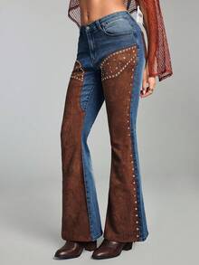 ROMWE Hippie 女士复古西部牛仔嬉皮风二合一麂皮拼接铆钉喇叭牛仔裤 - 藍色 - 查看 3