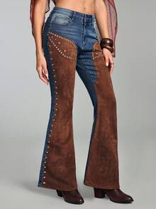 ROMWE Hippie 女士复古西部牛仔嬉皮风二合一麂皮拼接铆钉喇叭牛仔裤 - 藍色 - 查看 5