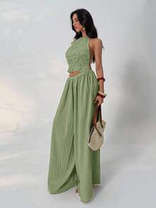 Aloruh Summer Loose Textured Casual Pants - Green - View 4