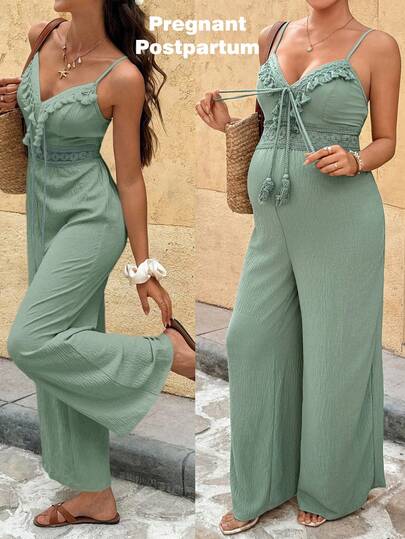 SHEIN 孕妇度假拼接流苏设计前系带连体裤