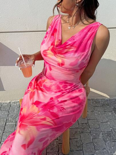 GalTyme 大码印花优雅无袖连衣裙