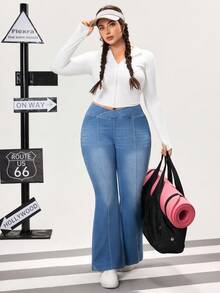 Flexra Plus Size Women's Fashionable Casual Washed Flare Jeans - Blue - View 5