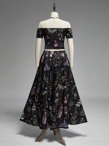 ROMWE Spring/Summer Vacation Flower Gothic Dark Magic Plant Potion & Butterfly Crystal Print Off-Shoulder Cropped Top And Skirt Set For Women - Black - View 9