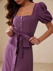 Revavyn 2pcs Set: Elegant Square Neck Collar Belted Top With Metal Buckle + Single-Breasted Maxi Skirt - Purple - View 5