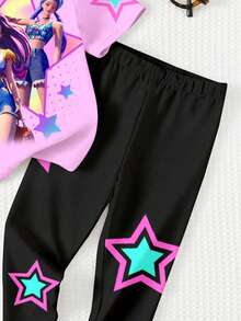 SHEIN Bộ đồ gồm áo thun ngắn tay cổ tròn dáng rộng màu hồng bóng bẩy thời trang, họa tiết hoạt hình K-POP dành cho bé gái, phong cách tối giản thoải mái, mềm mại, thích hợp mặc hàng ngày vào mùa xuân/hè, dạo phố, đi chơi, ở nhà hoặc đi nghỉ mát. - Nhiều màu - Xem 6