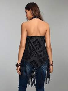 ROMWE Avant 女士性感度假/音乐节透视植绒露背流苏不对称下摆罩衫 - 黑色 - 查看 3