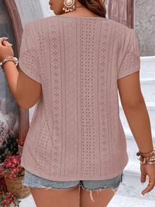 Vionelle 加大码撞色蕾丝花瓣袖T恤图案女式上衣 - 藕粉色 - 查看 2