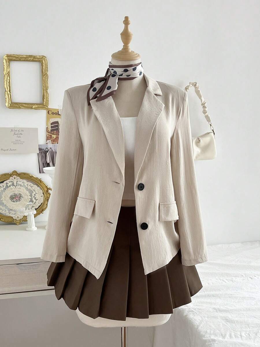 Elamini 女士卡其色薄款西装外套，休闲工作装，百搭舒适，春夏款 - 卡其色 - 查看 1