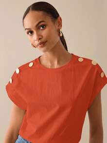 Lilora Áo thun nữ tay ngắn thiết kế cúc kim loại, màu trơn, 100% cotton, thời trang mùa hè, phong cách thành thị thanh lịch, phù hợp cho đi làm hàng ngày, dự tiệc, mùa hè và mùa xuân. Áo cotton nữ màu cam trơn. - trái cam - Xem 5